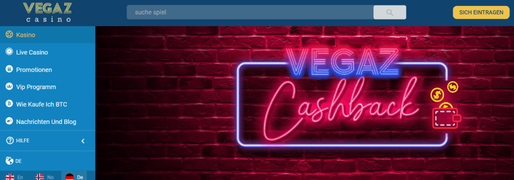 Vegaz Casino - Cashback Angebot